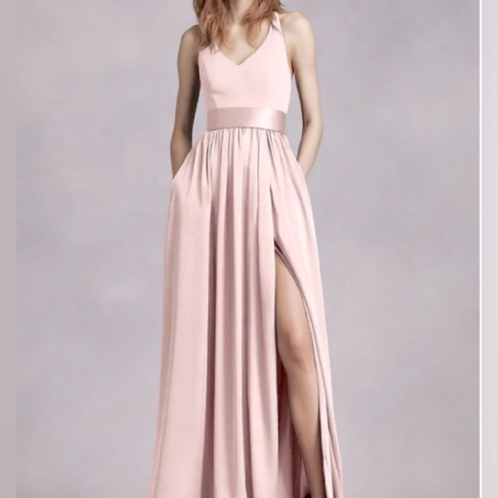 Vera Wang White Collection double Bow T back, Belted maxi dress w/ thigh slit